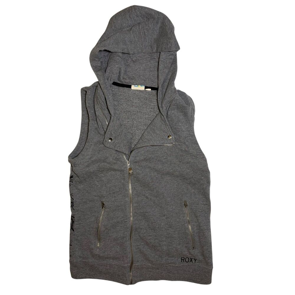 Roxy Y2K Gray Sleeveless Zip Up Hoodie Vest Floral Graphic Medium